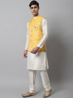 Jompers Men's Off White Solid Kurta Pyjama with Yellow Woven Design Nehru Jacket | Grocsy