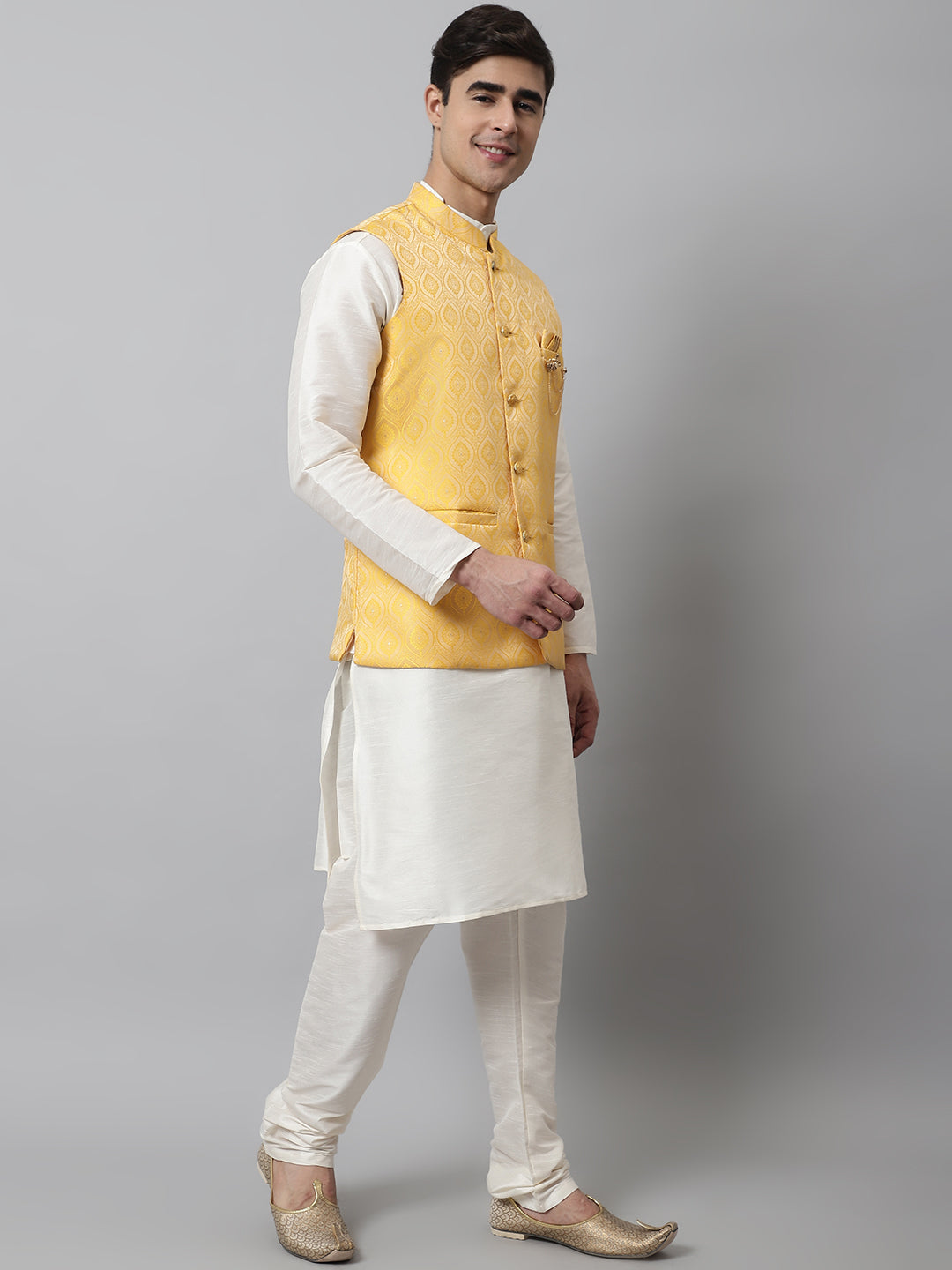 Jompers Men's Off White Solid Kurta Pyjama with Yellow Woven Design Nehru Jacket | Grocsy