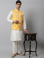 Jompers Men's Off White Solid Kurta Pyjama with Yellow Woven Design Nehru Jacket | Grocsy
