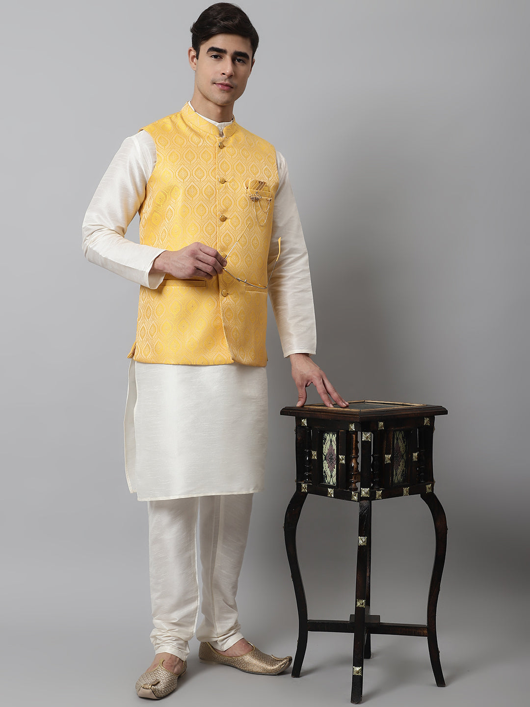 Jompers Men's Off White Solid Kurta Pyjama with Yellow Woven Design Nehru Jacket | Grocsy