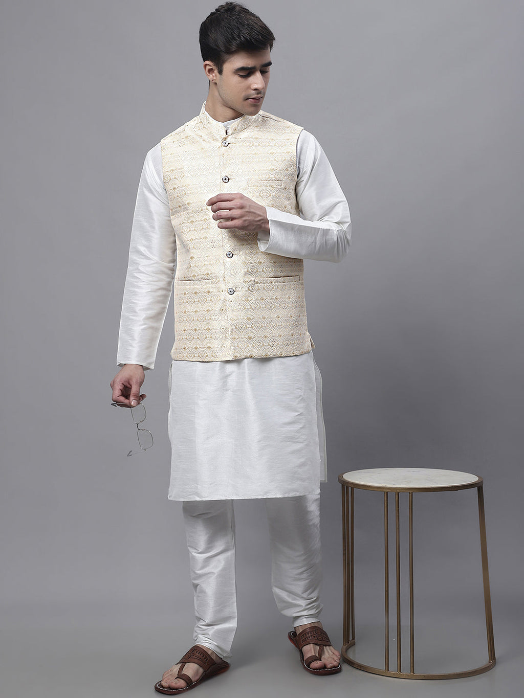 Jompers Men's off-White Solid Kurta Pyjama with Golden Woven Design Nehru Jacket | Grocsy