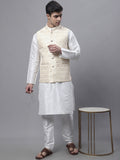 Jompers Men's off-White Solid Kurta Pyjama with Golden Woven Design Nehru Jacket | Grocsy