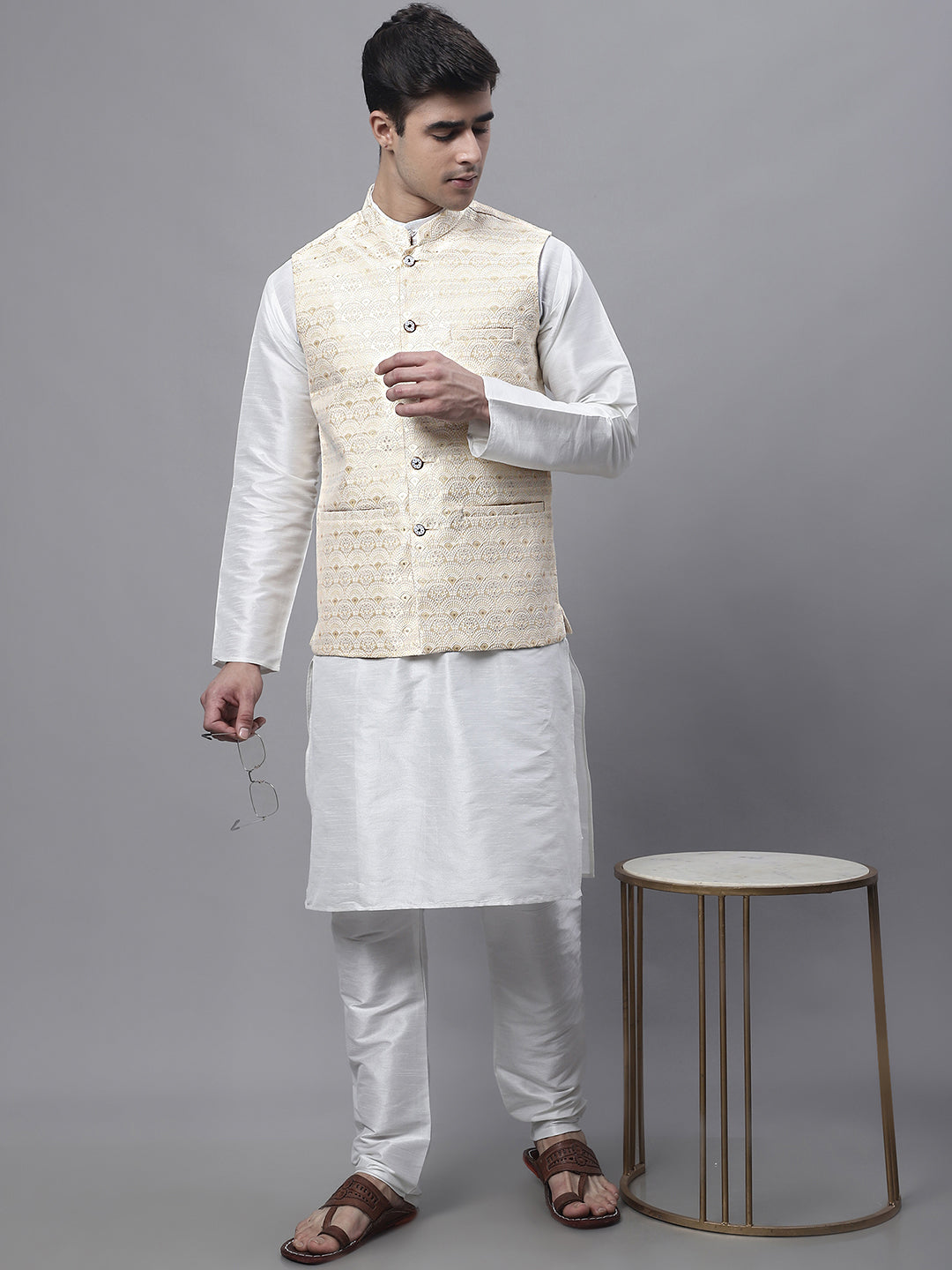 Jompers Men's off-White Solid Kurta Pyjama with Golden Woven Design Nehru Jacket | Grocsy