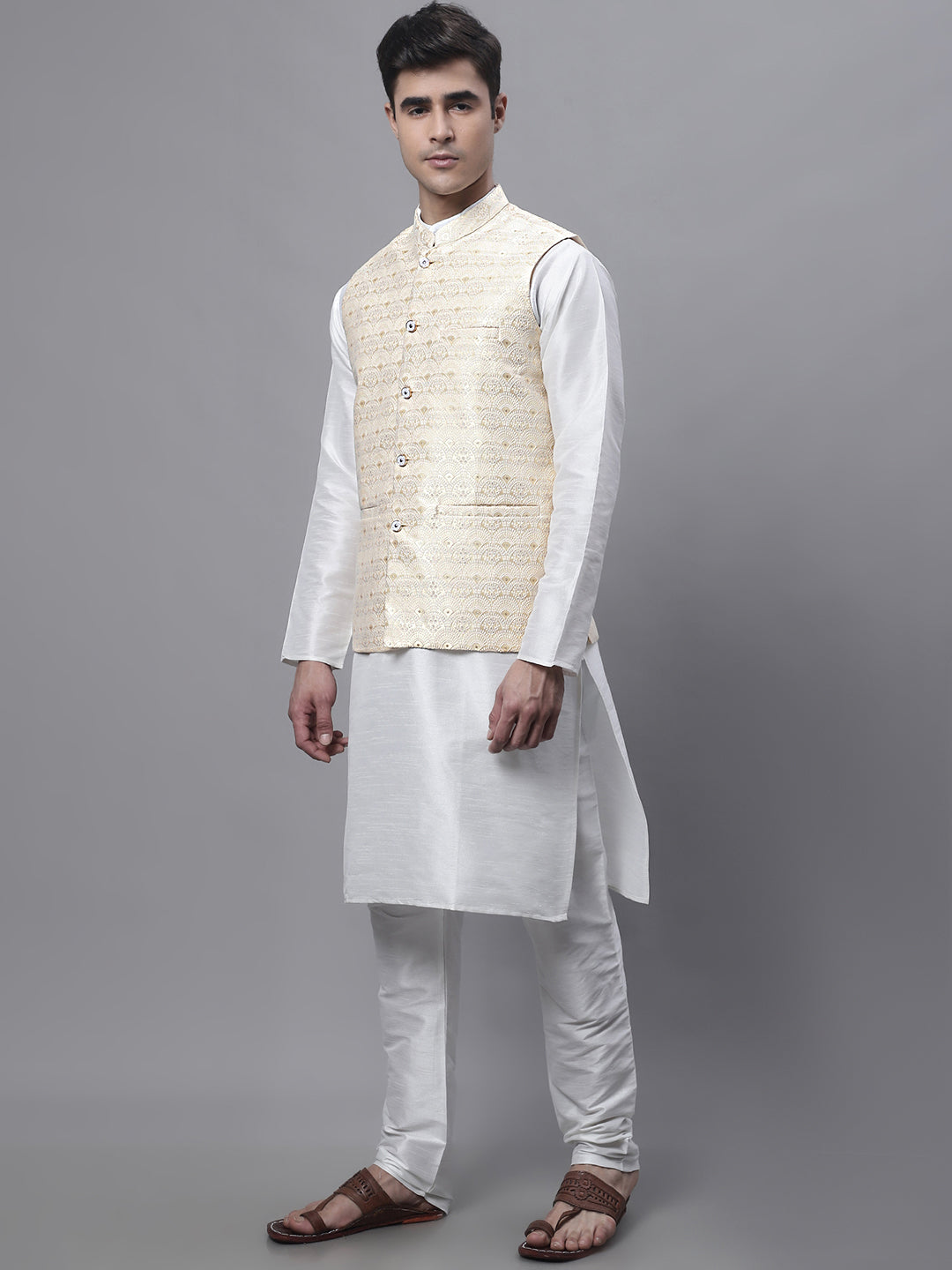 Jompers Men's off-White Solid Kurta Pyjama with Golden Woven Design Nehru Jacket | Grocsy
