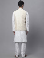 Jompers Men's off-White Solid Kurta Pyjama with Golden Woven Design Nehru Jacket | Grocsy