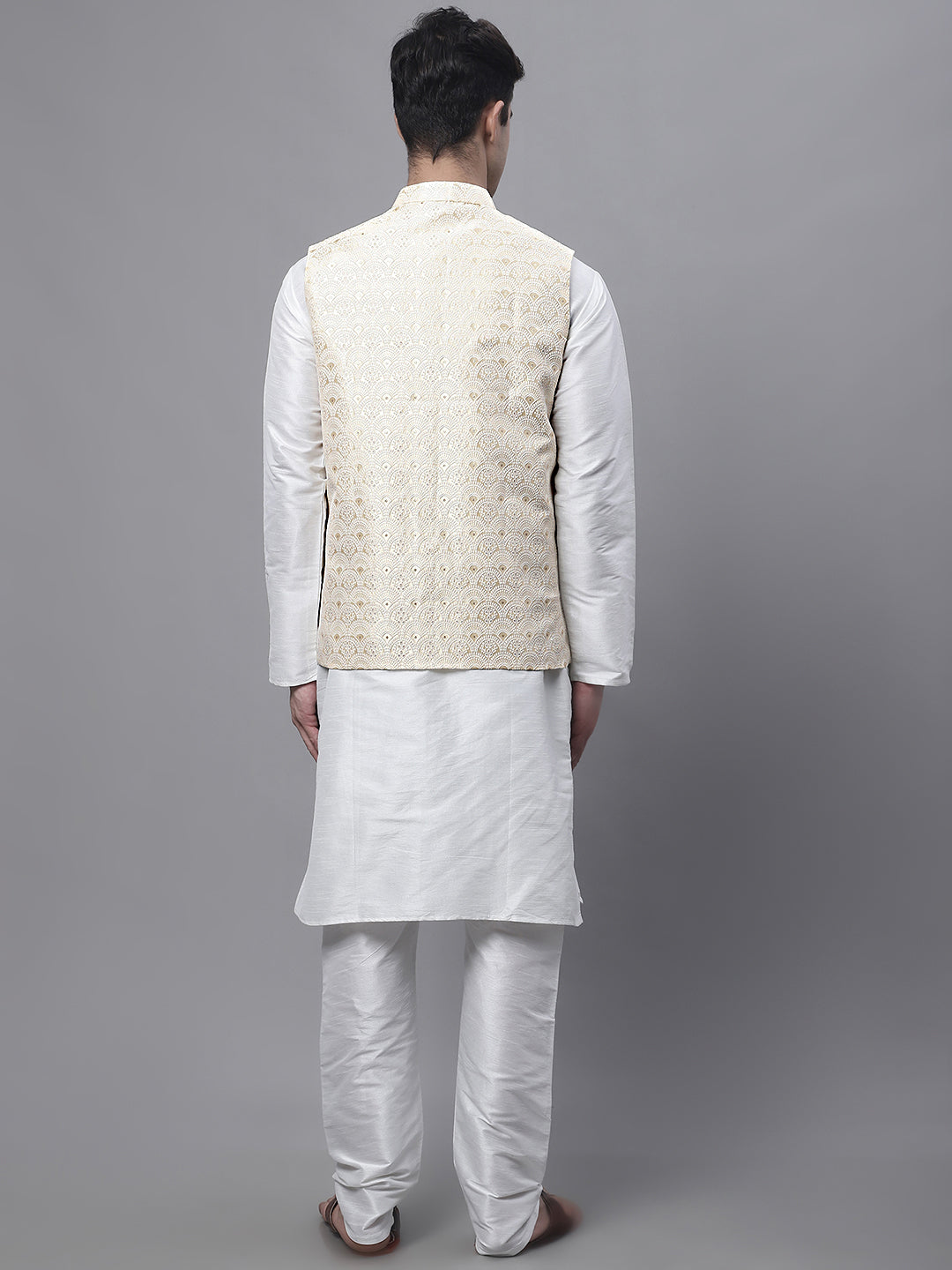 Jompers Men's off-White Solid Kurta Pyjama with Golden Woven Design Nehru Jacket | Grocsy