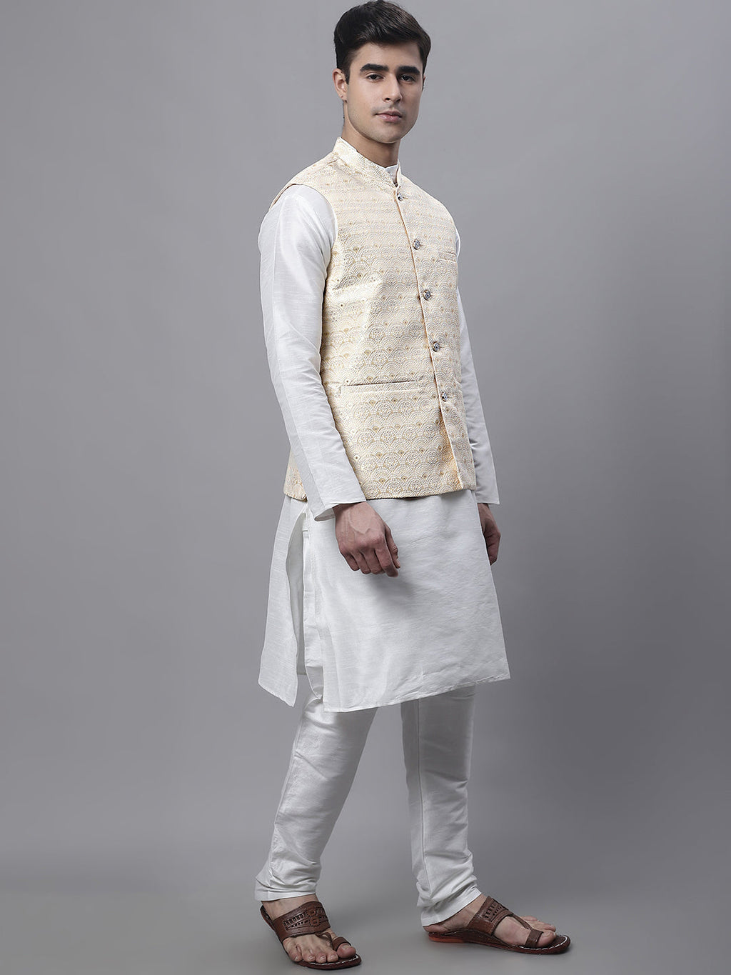 Jompers Men's off-White Solid Kurta Pyjama with Golden Woven Design Nehru Jacket | Grocsy