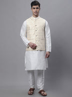 Jompers Men's off-White Solid Kurta Pyjama with Golden Woven Design Nehru Jacket | Grocsy