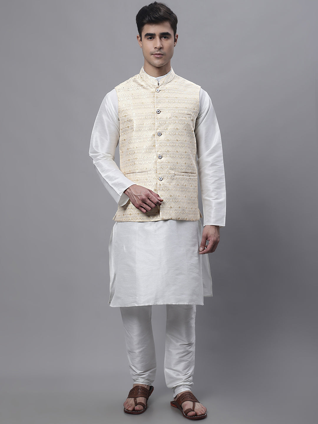 Jompers Men's off-White Solid Kurta Pyjama with Golden Woven Design Nehru Jacket | Grocsy