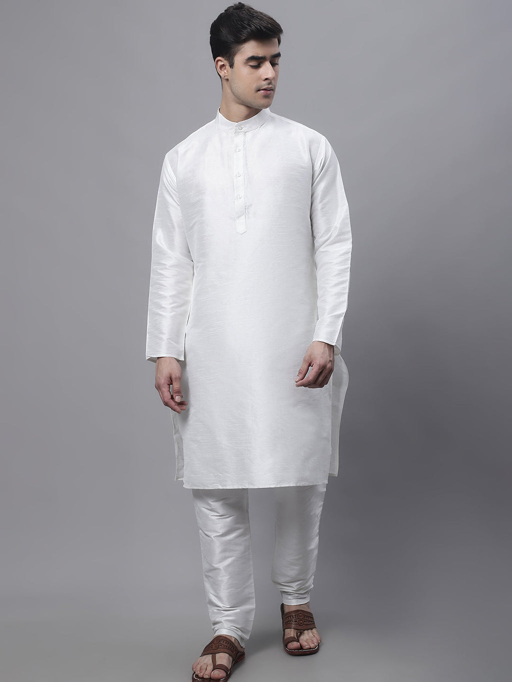 Jompers Men's off-White Solid Kurta Pyjama with Golden Woven Design Nehru Jacket | Grocsy