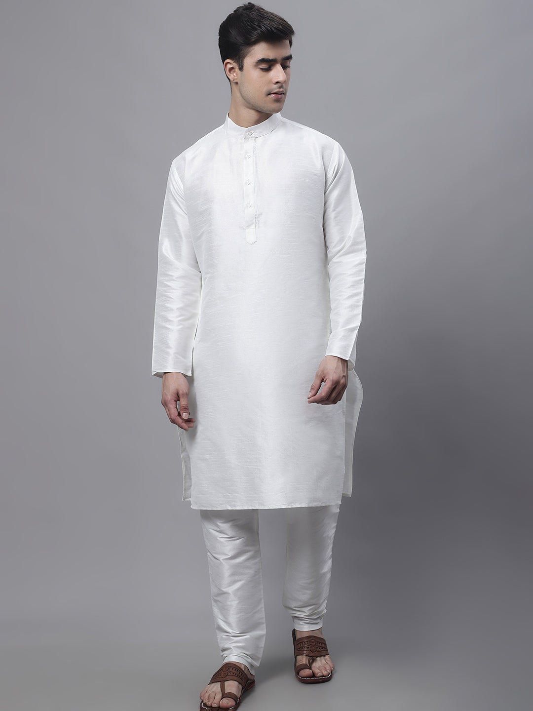 Jompers Men's off-White Solid Kurta Pyjama with Golden Woven Design Nehru Jacket | Grocsy