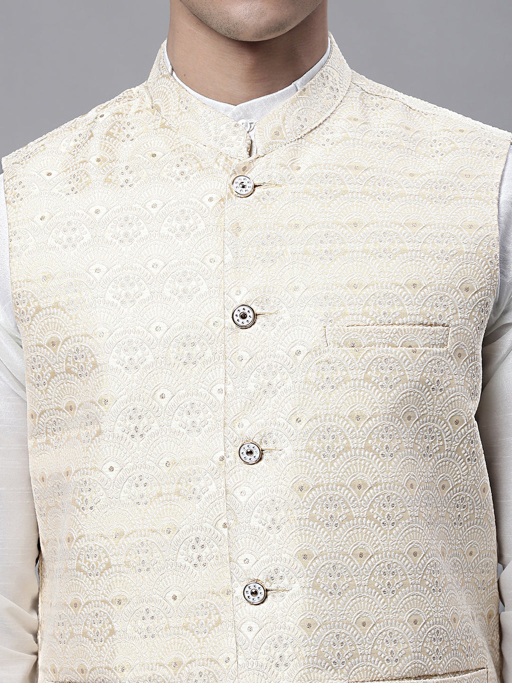 Jompers Men's off-White Solid Kurta Pyjama with Golden Woven Design Nehru Jacket | Grocsy