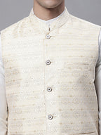 Jompers Men's off-White Solid Kurta Pyjama with Golden Woven Design Nehru Jacket | Grocsy
