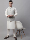 Jompers Men's off-White Solid Kurta Pyjama with Grey Woven Design Nehru Jacket | Grocsy