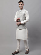 Jompers Men's off-White Solid Kurta Pyjama with Grey Woven Design Nehru Jacket | Grocsy
