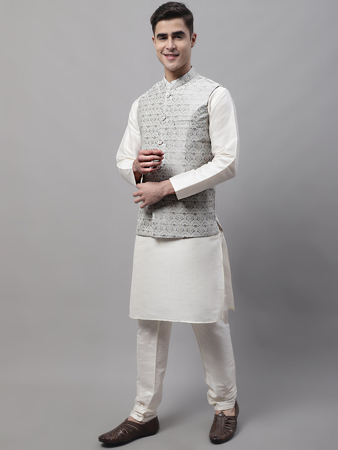 Jompers Men's off-White Solid Kurta Pyjama with Grey Woven Design Nehru Jacket | Grocsy
