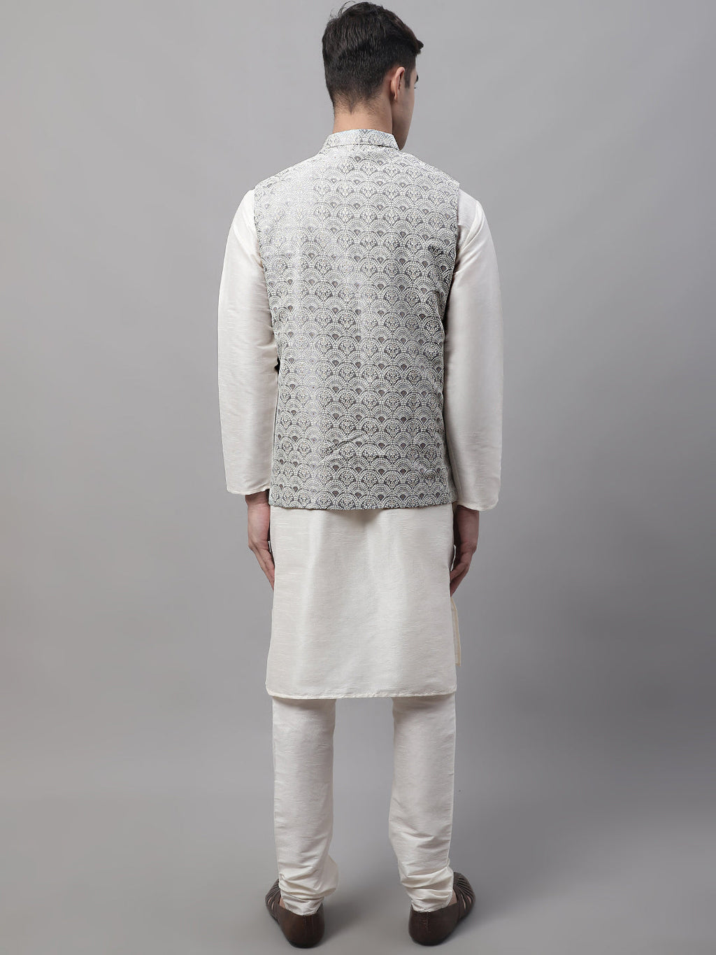 Jompers Men's off-White Solid Kurta Pyjama with Grey Woven Design Nehru Jacket | Grocsy