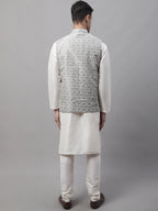 Jompers Men's off-White Solid Kurta Pyjama with Grey Woven Design Nehru Jacket | Grocsy
