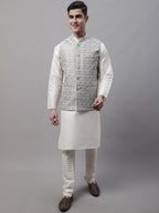 Jompers Men's off-White Solid Kurta Pyjama with Grey Woven Design Nehru Jacket | Grocsy