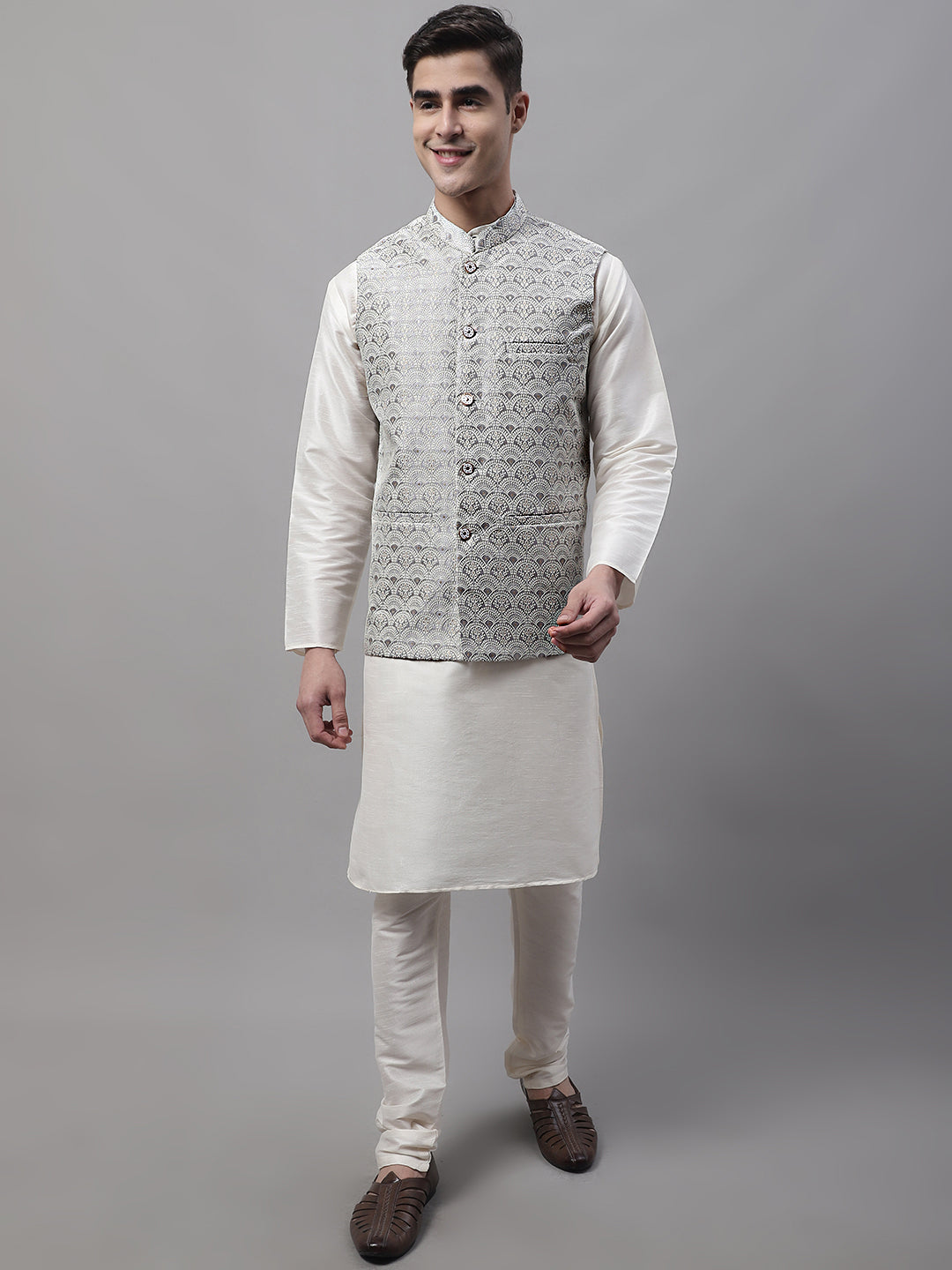 Jompers Men's off-White Solid Kurta Pyjama with Grey Woven Design Nehru Jacket | Grocsy