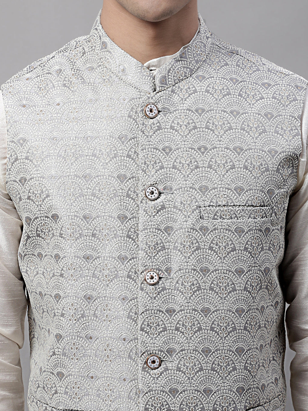 Jompers Men's off-White Solid Kurta Pyjama with Grey Woven Design Nehru Jacket | Grocsy