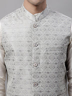 Jompers Men's off-White Solid Kurta Pyjama with Grey Woven Design Nehru Jacket | Grocsy