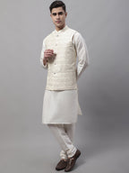 Jompers Men's off-White Solid Kurta Pyjama with Cream Woven Design Nehru Jacket | Grocsy
