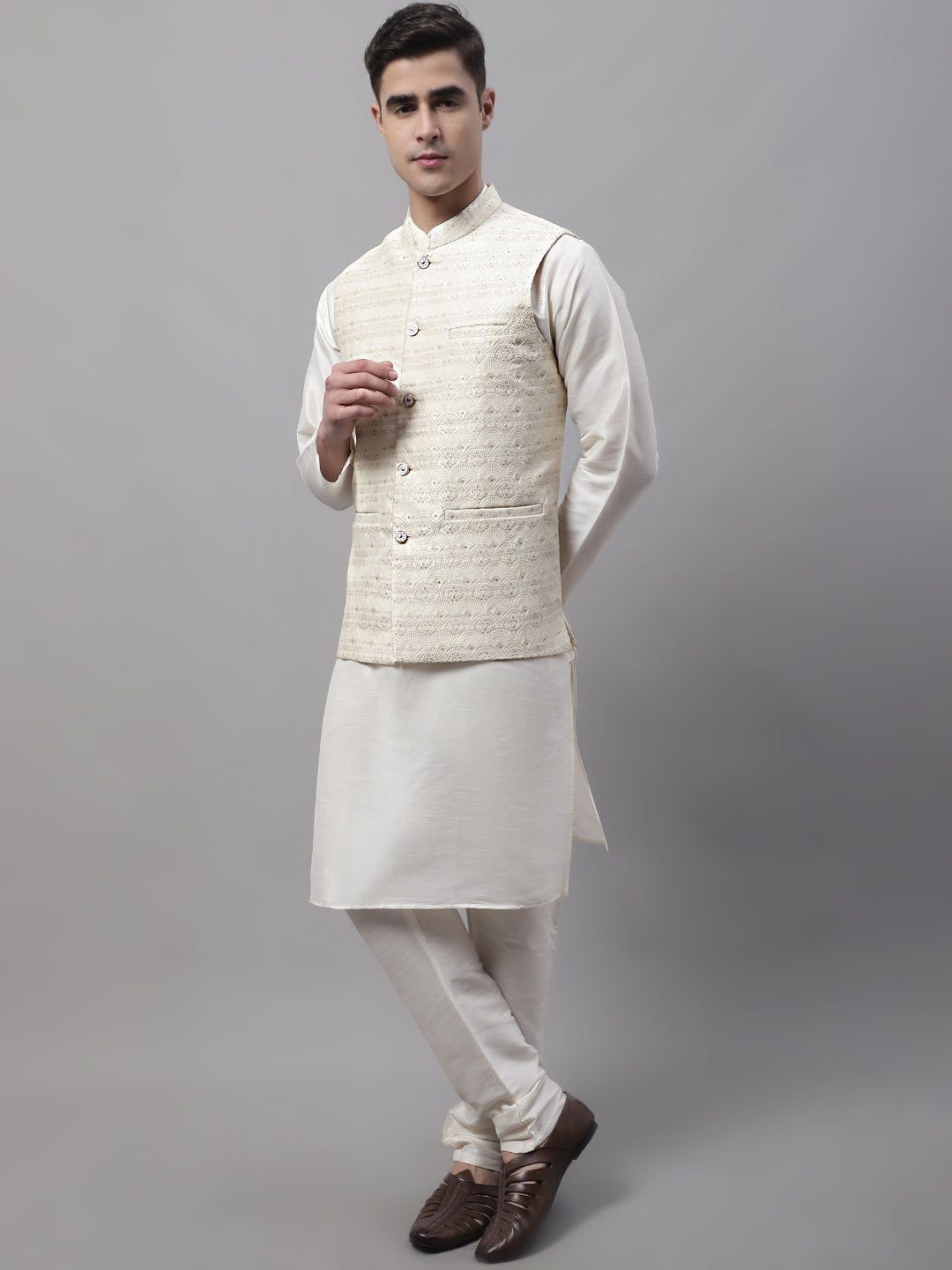 Jompers Men's off-White Solid Kurta Pyjama with Cream Woven Design Nehru Jacket | Grocsy