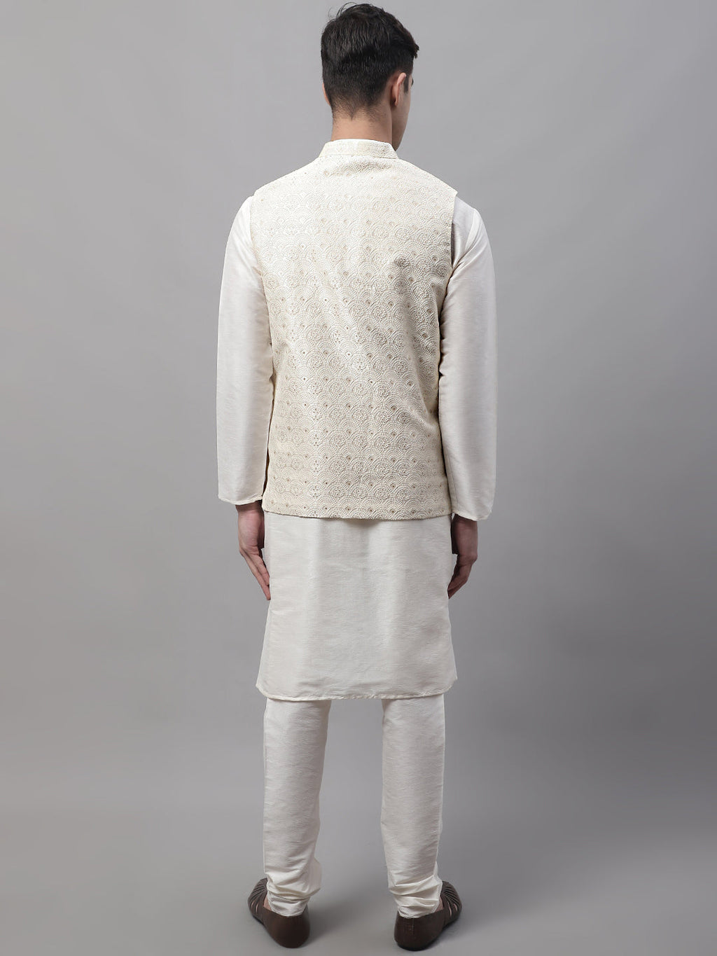 Jompers Men's off-White Solid Kurta Pyjama with Cream Woven Design Nehru Jacket | Grocsy