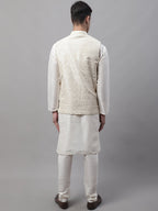 Jompers Men's off-White Solid Kurta Pyjama with Cream Woven Design Nehru Jacket | Grocsy