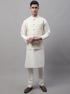 Jompers Men's off-White Solid Kurta Pyjama with Cream Woven Design Nehru Jacket | Grocsy