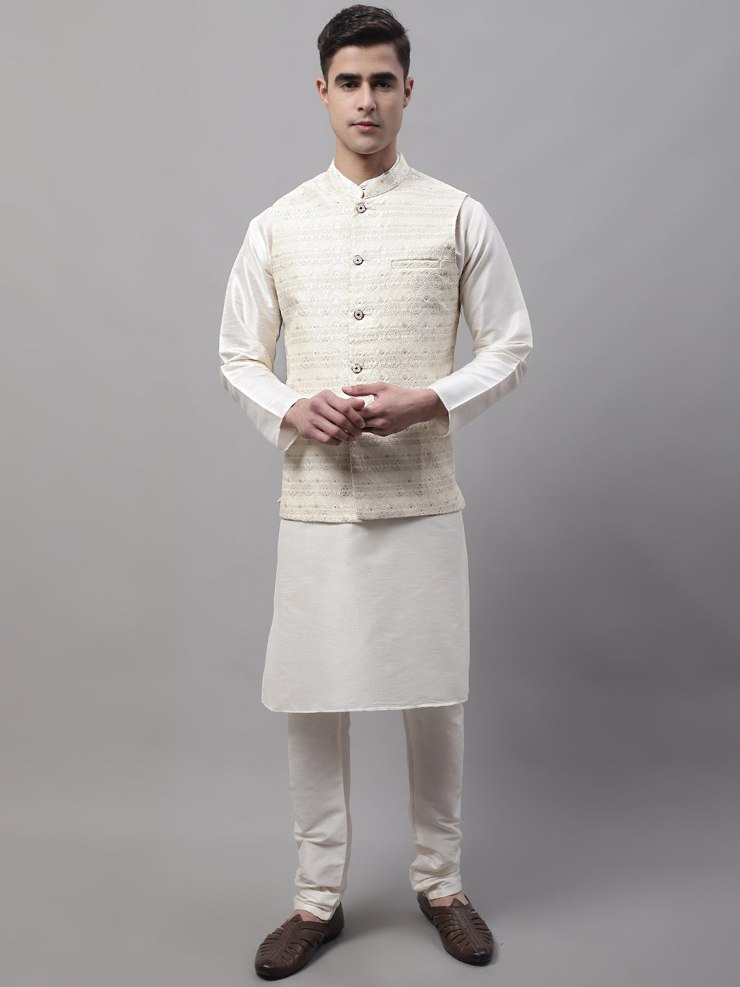 Jompers Men's off-White Solid Kurta Pyjama with Cream Woven Design Nehru Jacket | Grocsy