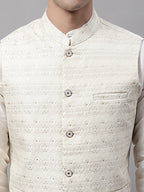 Jompers Men's off-White Solid Kurta Pyjama with Cream Woven Design Nehru Jacket | Grocsy