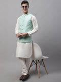 Jompers Men's off-White Solid Kurta Pyjama with Sky Blue Woven Design Nehru Jacket | Grocsy