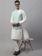Jompers Men's off-White Solid Kurta Pyjama with Sky Blue Woven Design Nehru Jacket | Grocsy