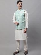 Jompers Men's off-White Solid Kurta Pyjama with Sky Blue Woven Design Nehru Jacket | Grocsy