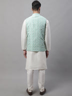 Jompers Men's off-White Solid Kurta Pyjama with Sky Blue Woven Design Nehru Jacket | Grocsy