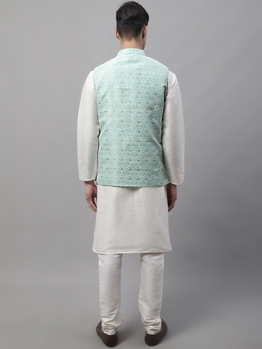 Jompers Men's off-White Solid Kurta Pyjama with Sky Blue Woven Design Nehru Jacket | Grocsy