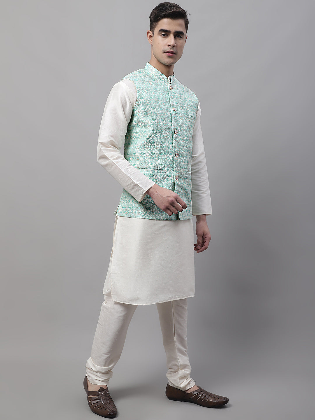 Jompers Men's off-White Solid Kurta Pyjama with Sky Blue Woven Design Nehru Jacket | Grocsy