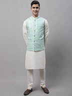 Jompers Men's off-White Solid Kurta Pyjama with Sky Blue Woven Design Nehru Jacket | Grocsy