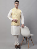 Jompers Men's off-White Solid Kurta Pyjama with Yellow Woven Design Nehru Jacket | Grocsy