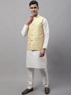 Jompers Men's off-White Solid Kurta Pyjama with Yellow Woven Design Nehru Jacket | Grocsy