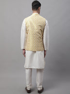 Jompers Men's off-White Solid Kurta Pyjama with Yellow Woven Design Nehru Jacket | Grocsy
