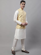 Jompers Men's off-White Solid Kurta Pyjama with Yellow Woven Design Nehru Jacket | Grocsy