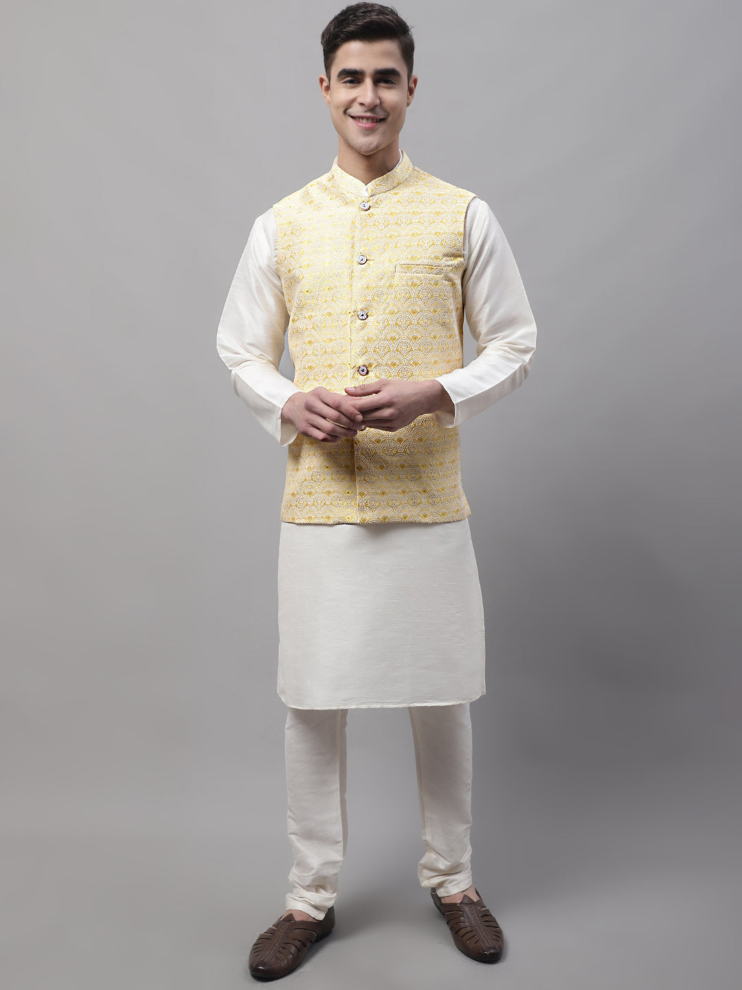 Jompers Men's off-White Solid Kurta Pyjama with Yellow Woven Design Nehru Jacket | Grocsy
