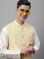 Jompers Men's off-White Solid Kurta Pyjama with Yellow Woven Design Nehru Jacket | Grocsy