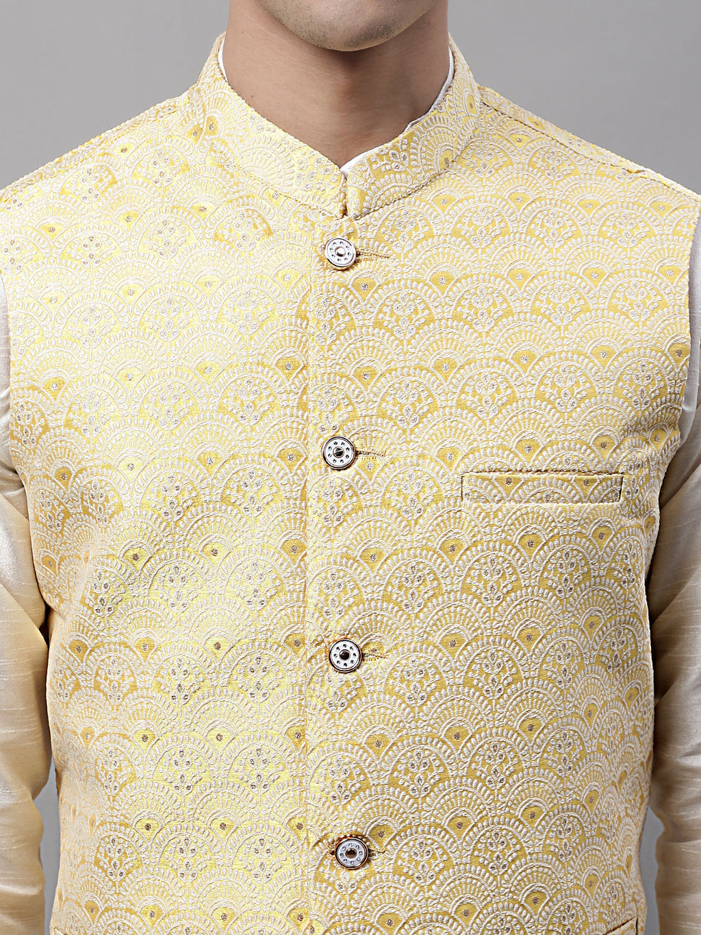 Jompers Men's off-White Solid Kurta Pyjama with Yellow Woven Design Nehru Jacket | Grocsy