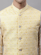 Jompers Men's off-White Solid Kurta Pyjama with Yellow Woven Design Nehru Jacket | Grocsy