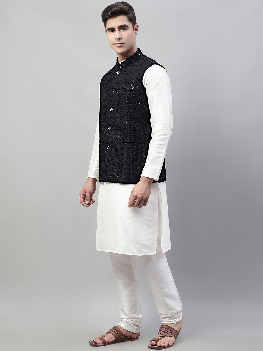 Jompers Men's White Solid Kurta Pyjama with Black Embroidered Nehru Jacket | Grocsy