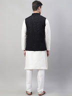 Jompers Men's White Solid Kurta Pyjama with Black Embroidered Nehru Jacket | Grocsy